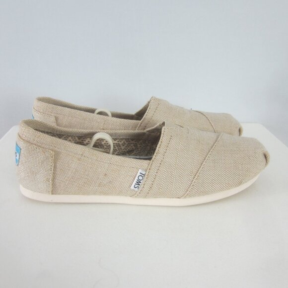 Toms Womens 8 Beige Slip On Rubber Soled Shoes Metallic Linen Flats Light Weight - Picture 8 of 12